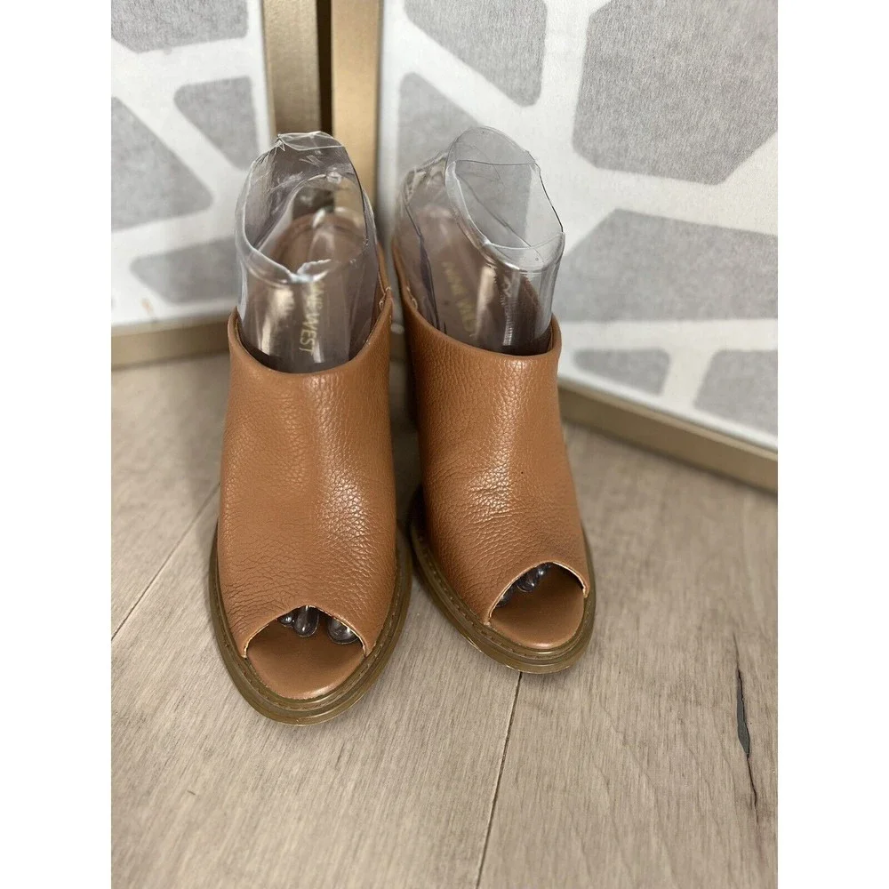 Nine West Lucky One Leather Women Heel Sandals Mules 7.5 M Slip On